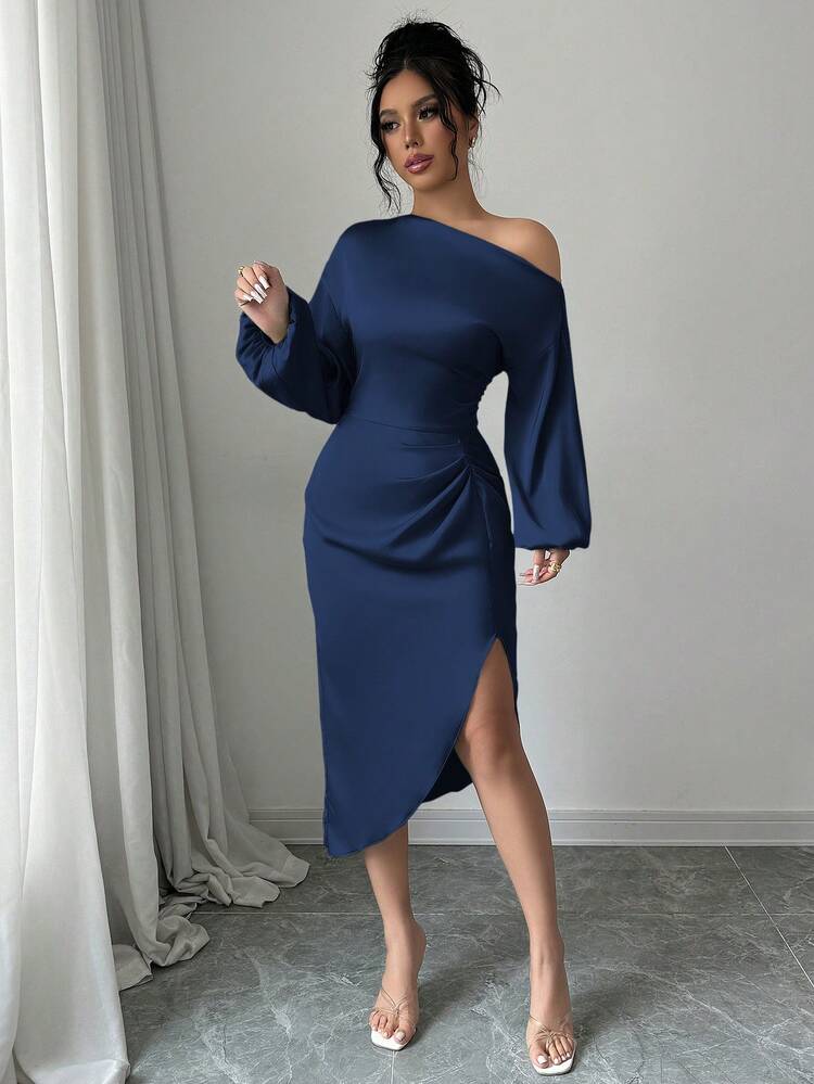 abyoxi Purplish Blue Color Elegant Asymmetrical Neck Long Sleeve Waist Handmade Pleated Sexy Satin Dress,Dating,Party,Simple,Back To School,Fall/Winter Clothes For Women Wedding Spring - Navy Blue - View 3