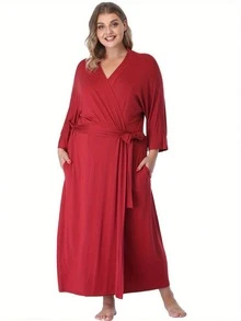 Womens Plus Size Long Robes Lightweight Kimonos V Neck Knit Bathrobe Soft Maternity Robe Sleepwear - Màu Đỏ Sâu - Xem 3