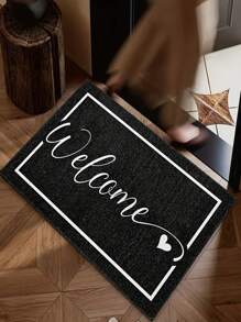 1pc Flannel Welcome Home Rug - Black With White Cursive Letter & Heart Design, 100% Polyester Blanket, Indoor Doormat, Suitable For Hallway, Bedroom, Kitchen, Balcony Home Decor, Elegant Handwritten Style For Home Decor, Room Decor, Small Rug, Living Room Rug, Bedside Rug - Black and White - View 5