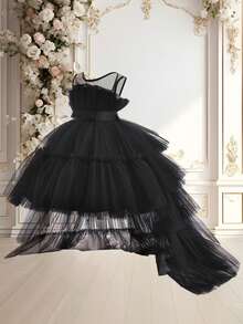Đầm dự tiệc cổ tròn bằng vải tuyn đính nơ thanh lịch cho bé gái, phù hợp với sàn diễn thời trang, tiệc tối, không kèm băng đô - màu đen - Xem 4