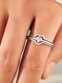 A Ladies' Elegant Double-Layer Heart-Shaped Cubic Zirconia Ring, Valentine's Day Christmas Anniversary Gift, Party And Daily Wear Jewelry, Sparkling Accessories - 銀色 - 查看 3
