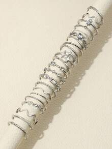 22pcs Fashionable Minimalist Rhinestone Heart, Wave, Star, Asymmetrical Rings; Gold Geometric Knuckle Rings Set [Sizes Marked, Closed Rings, Please Do Not Forcefully Bend] - Silver - View 4