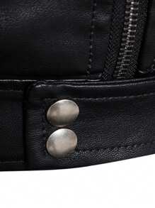 Men's Stand Collar Fitted Faux Leather Rave Jacket With Zipper Pockets, Motorcycle Style Men Zip Up PU Leather Jacket