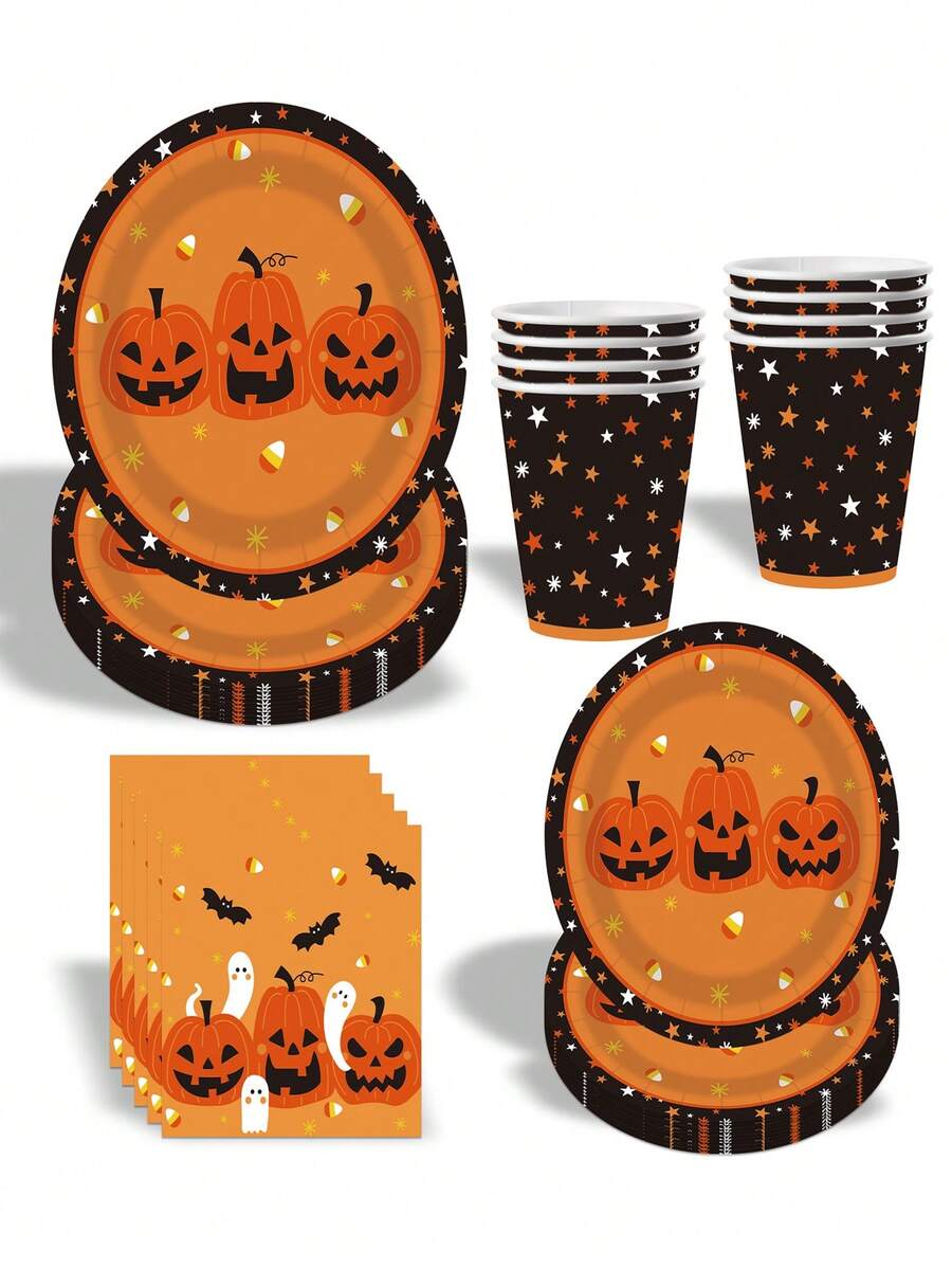 50pcs Piring Kertas, Gelas Kertas, dan Serbet Pesta Halloween, Piring Kertas Sekali Pakai Motif , Perlengkapan Makan untuk Hidangan Penutup, Dekorasi, Set Hadiah Ulang Tahun, Set Perlengkapan Makan Pesta Halloween - beraneka warna - View 1