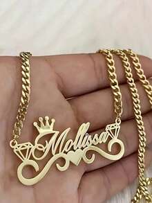 1pc Personalized Gold Name Necklace, Fashionable Stainless Steel Necklace With Crown & Heart Diamond Pendant, Unique Jewelry Gift Suitable For Summer, Vintage, Luxury, Casual, Minimalist Occasions, Ideal For Graduation, Wedding, Valentine's Day - Crown - View 10