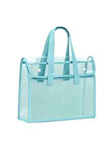 1 件透明防水 PVC 手提袋，带可扩展网眼储物袋 - 便携式办公用品、学校文件等 - 粉色、绿色、蓝色、黄色可选，文件储物袋 | 时尚储物袋 | PVC 储物袋、返校、学校用品