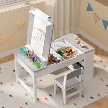 4-In-1 Kids Table And Chair Set With Removable Tabletop Storage And Paper Roll Dispenser, Toddler Craft Table With 6storage Boxes,For Drawing, Child Activity Table, Kids Table Set Painting ,Children's Day Gifts - 灰色 - 查看 7