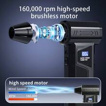 160,000 RPM Turbo Hair Dryer - Brushless Motor, 52m/S 4-Speed Wind, LED Light, 6000mAh Battery, Multi-Nozzle, Handheld Digital Display Fan For Computer/Dust/Car/Leaf Cleaning