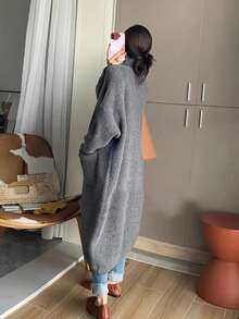 女士休闲秋季服装，前扣高领宽松口袋长袖开衫毛衣，中长款