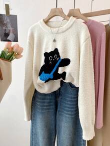 Women's Casual Cat Pattern Round Neck Drop Shoulder Long Sleeve Sweater, Suitable For Daily Wear, Spring Break, Vacation, Concerts, Boho Style, Music Festivals, Holidays, Halloween, Christmas, Thanksgiving