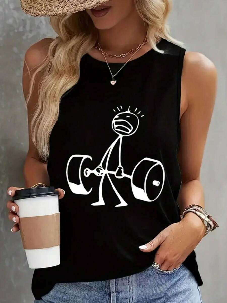 Women's Casual Tank Top Custom Print Fashion Summer Sleeveless Comfortable Gym T-Shirt 100% Cotton - 黑色 - 查看 1