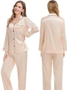Kit 2 American Women's Pajamas Silk Satin With Elastane Pocket And Buttons - 金色 - 查看 2