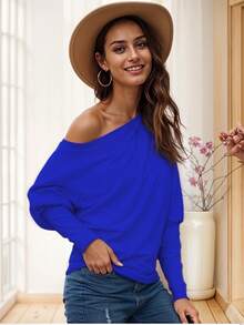 Blusa Casual Holgada de Hombros Descubiertos con Mangas Largas Ajustadas para Mujer - Azul - Ver 2