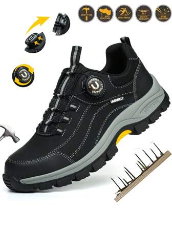 UMBURLLY Men's Steel Toe Shoes, Button Design, Anti-Crush, Anti-Puncture, Rubber Sole, Industrial Work Shoes