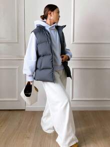 Livesso 斜口袋背心加厚口袋外套（不含运动衫）女士冬季外套 - 深灰色 - 查看 2