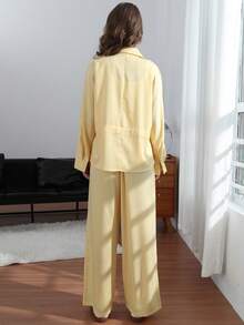 Bộ đồ thời trang nữ mới, áo kiểu voan hồng có eo điều chỉnh được, kết hợp với quần ống rộng voan. - Màu vàng - Xem 12