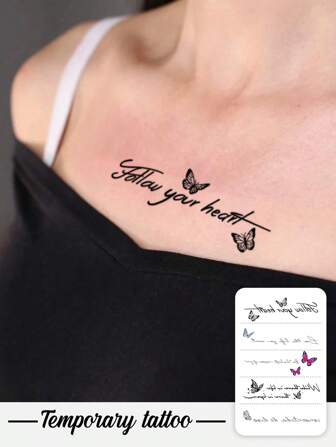 防水、防汗彩色蝴蝶和英文句子临时纹身，可水洗，PVC 材质，Y2K 风格简约图案，防汗，艺术英文假纹身，人体艺术临时纹身，适合日常使用