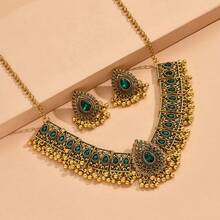 Fashion Vintage Peacock Modeling Necklace Eardrop Set Waterdrop Artificial Crystal Temperament Women Jewelry - 綠色 - 查看 2