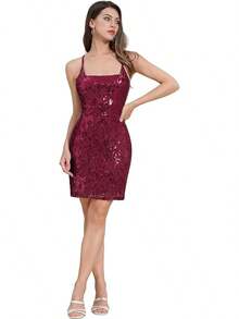 Sequin Homecoming Dresses Teens Women Sparkly Strap Bodycon Cocktail Party Night Prom Dress Vestidos De Fiesta ElegantesHalloween Christmas New Year - 紫紅色 - 查看 6