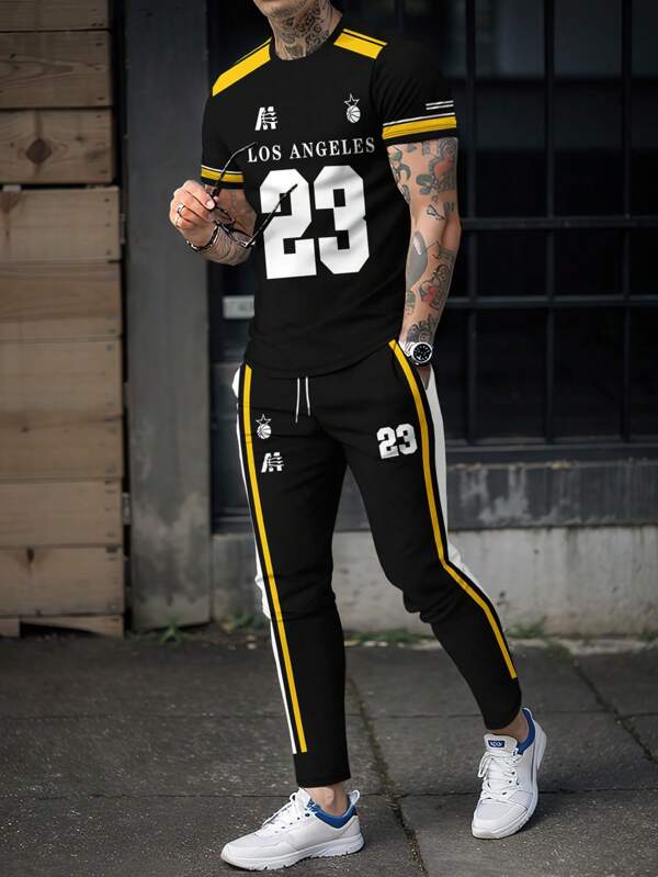 Conjunto informal de 2 piezas para hombre de camiseta de manga corta con estampado del número 23 y pantalones, con estilo deportivo
