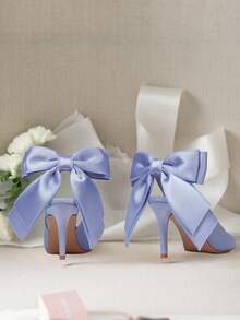Women's Stiletto High Heels Pumps Fashion Back Big Bowknot Pointed Toe Solid Sexy Party Wedding Dress Pumps Woman - 藍色 - 查看 8