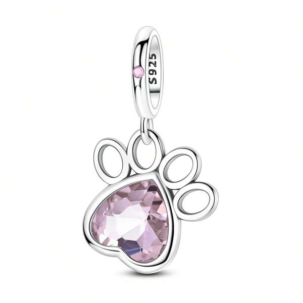 925 Sterling Silver Pink Openwork Paw Print Charm Pendant Fits Original Bracelet Necklace, Pet Lover Jewelry Gift (Cat/Dog Memorial)
