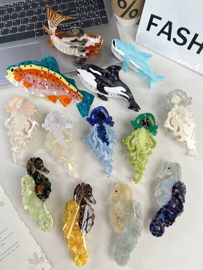 Ocean & Beach Series: Great White Shark, Jellyfish, Seahorse Hair Clips, New Acetate Whale Hair Clips, Summer Striped Fish, Ocean Hair Claw, Versatile & Chic Hair Accessories, Refreshing Hair Clips For Girls & Women Women Claw Clip