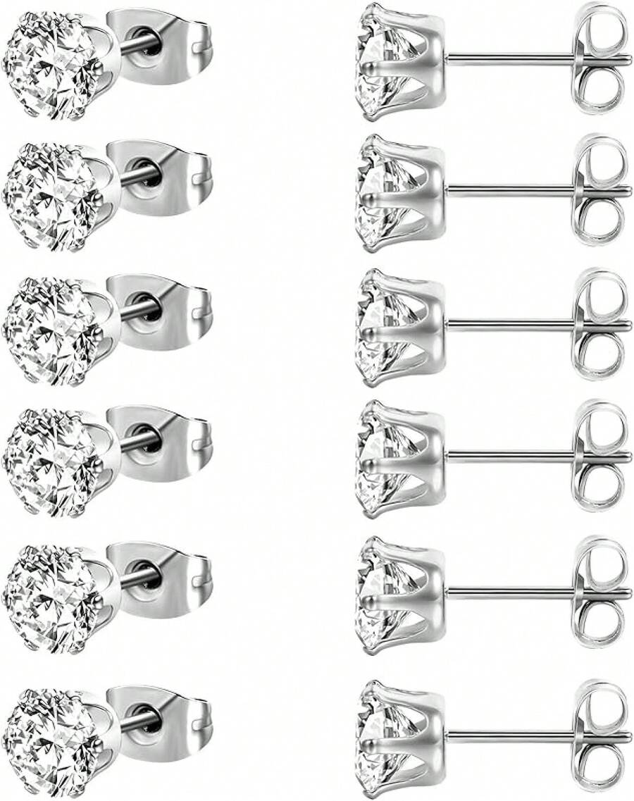 MDFUN 6 Pairs Stud Earrings Sets 3-8MM 18K Gold Plated Round 5A+ Cubic Zirconia Earrings CZ 6 Prong Ears Jewelry Women - 8MM-白金 - 查看 1