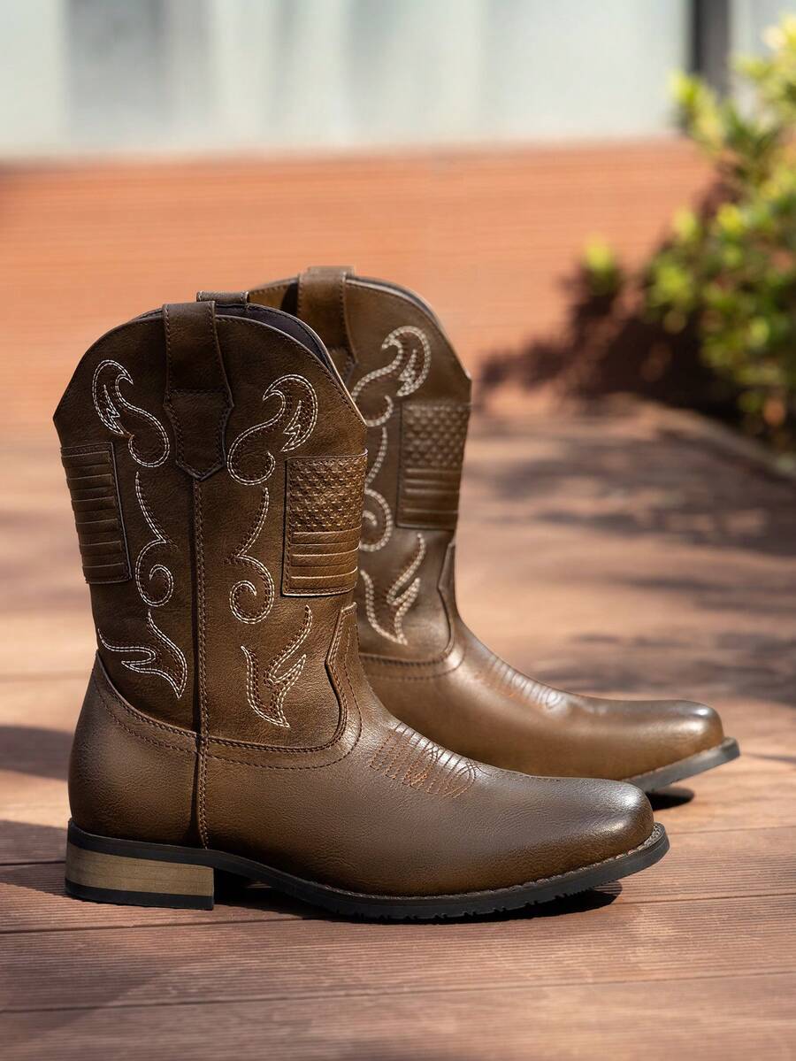 Men's Cowboy Boots Western Fashion Round Toe Slip On Chunky Heel Waterproof Classic Mid Calf Boots - 棕色 - 查看 1