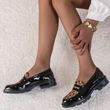 Women's Flat Slip-On Loafers, British Style Black Patent Leather High Vamp Retro Moccasins - Leopard - View 2