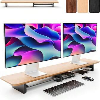 KIVY Dual Monitor Riser  Integrated Metal Shelf [MADE BY HAND] - Wooden Dk Shelf For 2 Monitors - Wide Long Stand For Dk (44 X10x3in - Oak)Oak WoodOak Wood