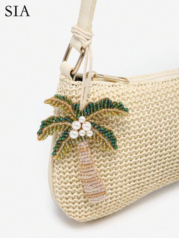 1 pièce Sac baguette d'épaule/sous-bras décoré de perles avec motifs vintage de vie océanique et de fruits, convient pour les sorties, les vacances. Perles, perles incrustées, perles faites main.