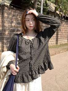 秋冬新款复古格子荷叶边拼接系带长袖女式衬衫，宽松修身套头衫，适合冬季圣诞节新年穿着 - 咖黑色 - 查看 3