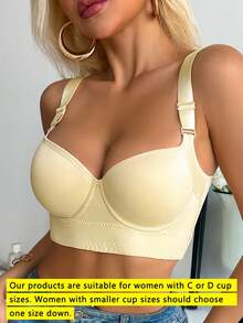 Women's Solid Color Comfortable Seamless Deep V Push-Up Adjustable Sports Bra With Back Design - Yellow - View 5