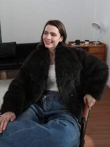 HH Faux Fur Jacket For Women Elegant Solid Lapel Long Sleeve Coat Casual Loose Female Winter Oversize Lady Chic Streetwear Jakcets - Màu xám đen - Xem 11