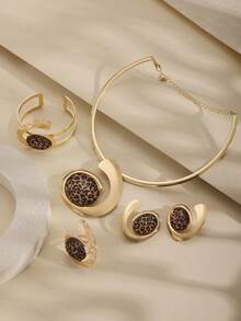 1pc/Set Vintage Elegant High-Quality Alloy Resin Inlaid Stainless Steel Women's Earrings, Ring, Bracelet, Necklace Jewelry Set, Fashionable Luxurious Golden Accessories Suitable For Women's Banquet, Party, Wedding, Holiday, Valentine's Day Gift - Elegant Style - View 23