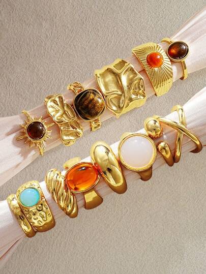 6/8pcs Vintage Bohemian Punk Chunky Asymmetrical Sunflower Colorful Crystal Adjustable Ring Set For Women, Suitable For Holiday, Date, Party, Daily Wear, Photo Shoot, Versatile (No Box)