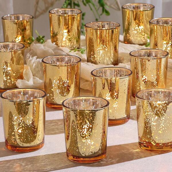 6/12/24/36pcs Gold Votive Candle Holders, Speckled Mercury Gold Glass Candle Holder Bulk, Suitable For Wedding Centerpiece Table Decorations& Halloween Christmas Party Home Decor