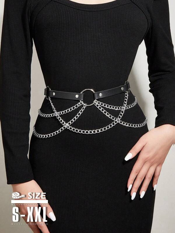 1pc Women's Chain & Rivet Decor Gothic Hollow Out PU Leather Adjustable Waist Belt, Sexy Accessory
