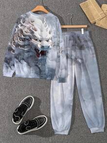 Conjunto de sudadera y pantalón de chándal con estampado de dragón 3D para hombre, conjunto informal para exteriores y entrenamiento, primavera/otoño