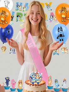 Bluey ديكور حفلة عيد ميلاد بلوي الجميلة، ديكور حفلة عيد ميلاد أو زفاف بانر ملون مع أعلام وهدايا بشخصيات كرتونية من بينجو هيلر وكوكو