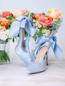 Women's Stiletto High Heels Pumps Fashion Back Big Bowknot Pointed Toe Solid Sexy Party Wedding Dress Pumps Woman - 藍色 - 查看 2