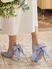 Women's Stiletto High Heels Pumps Fashion Back Big Bowknot Pointed Toe Solid Sexy Party Wedding Dress Pumps Woman - 藍色 - 查看 4