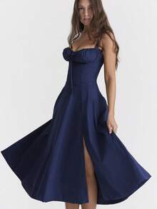 Verano temperamento de la moda de alto sentido de halter Europa y los Estados Unidos vestido de falda femenina - Azul Marino - Ver 2