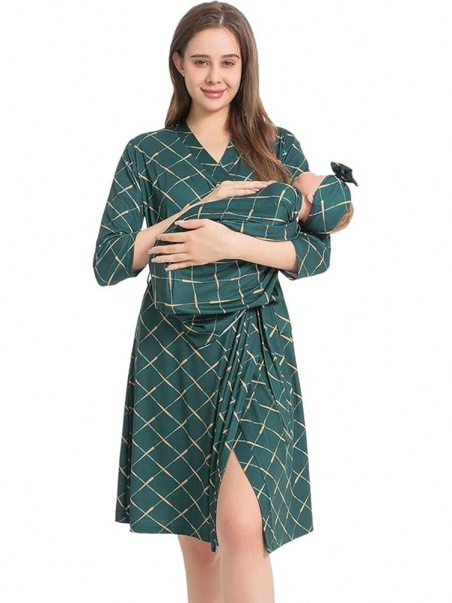Maternity Robe And Baby Receiving Blanket Set For Labor And Delivery - màu xanh lá - Xem 1