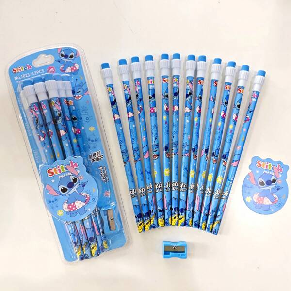 Disney 12pcs Cartoon Stitch Wooden HB Pencils With Sharpener, High-Quality Student Writing Pencils
