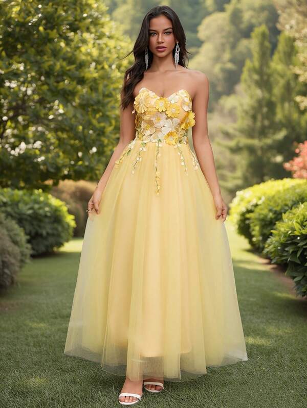 YUMIBRAVO Abito lungo elegante da donna di colore giallo, abito da sposa romantico con applicazioni, abito da cerimonia lungo per feste, abito da damigella d'onore, abito da compleanno