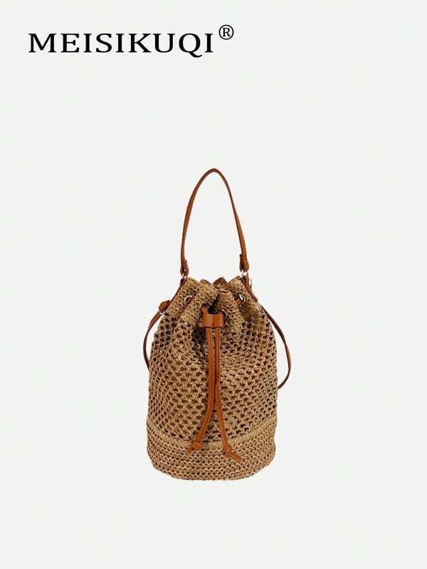 2025 Neue Khaki Kordelzug Verschluss Strohtasche für Frauen, Boho-Stil, Modische Handtasche, Umhängetasche, geeignet für Urlaub, Reisen, Geschenke, Partys