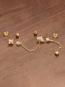 3PCS Stainless Steel Crown Chain Tassel Zirconia Hoop Earrings Flower Ear Stud Set For Women 18K Gold Plated Unique Earrings Cartilage Piercing Jewelry - Four Leaf Clover - View 7