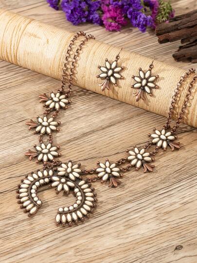 Collar de mujer de estilo bohemio vintage con herradura de aleación de zinc con baño de bronce antiguo y turquesa con doble cadena, adecuado para combinar con atuendos, uso diario, vacaciones y otras ocasiones